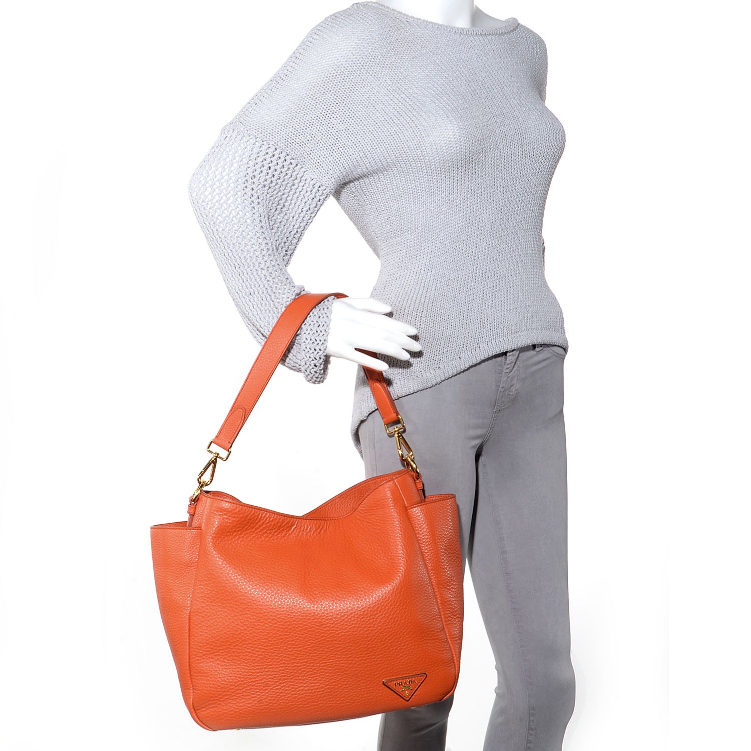 Prada Vitello Daino Double Pocket Hobo Papaya 2 of 10