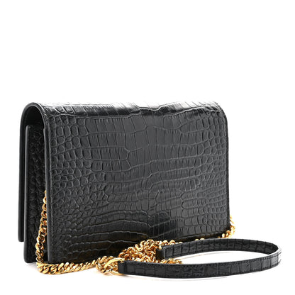 Saint Laurent Calfskin Crocodile Embossed Kate Monogram Tassel Chain Wallet Black 3 of 10
