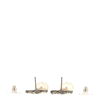 Chanel Pearl Crystal CC Drop Earrings Silver Pearly White 3 of 4