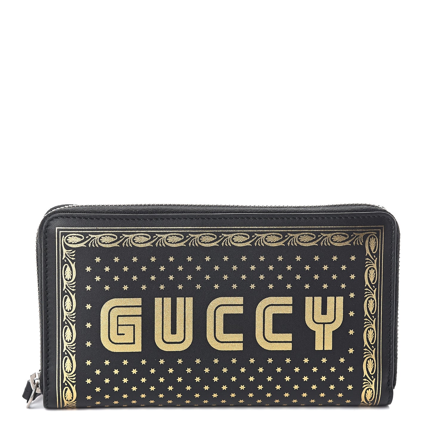 X SEGA Calfskin GUCCY Stars Zip Around Wallet Black Gold