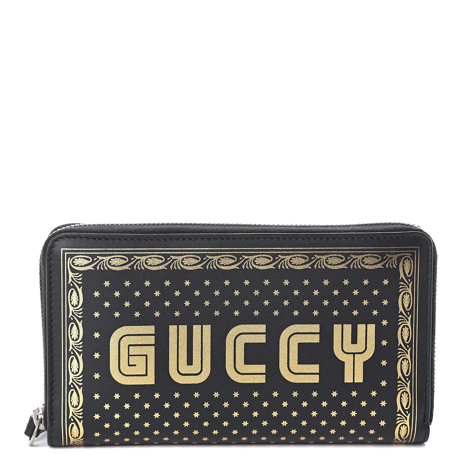 Gucci X SEGA Calfskin GUCCY Stars Zip Around Wallet Black Gold 1 of 5