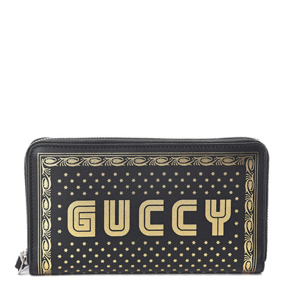 Gucci X SEGA Calfskin GUCCY Stars Zip Around Wallet Black Gold 1 of 5
