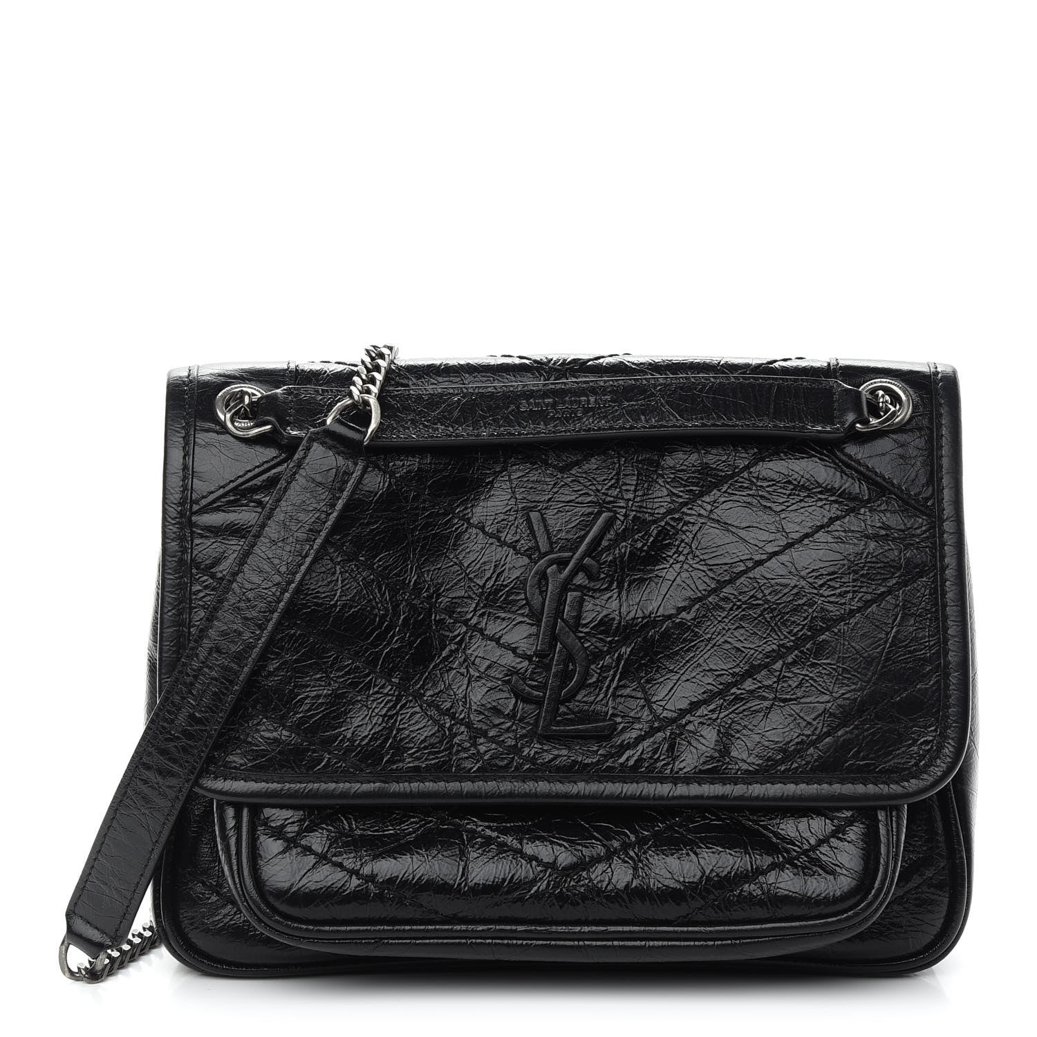 Saint Laurent Crinkled Calfskin Matelasse Monogram Baby Niki Chain Satchel Black 1 of 8