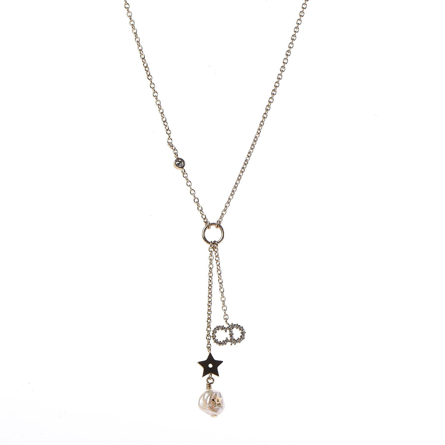 Christian Dior Crystal Pearl Shiny-D Tribal Long Necklace Gold 1 of 6