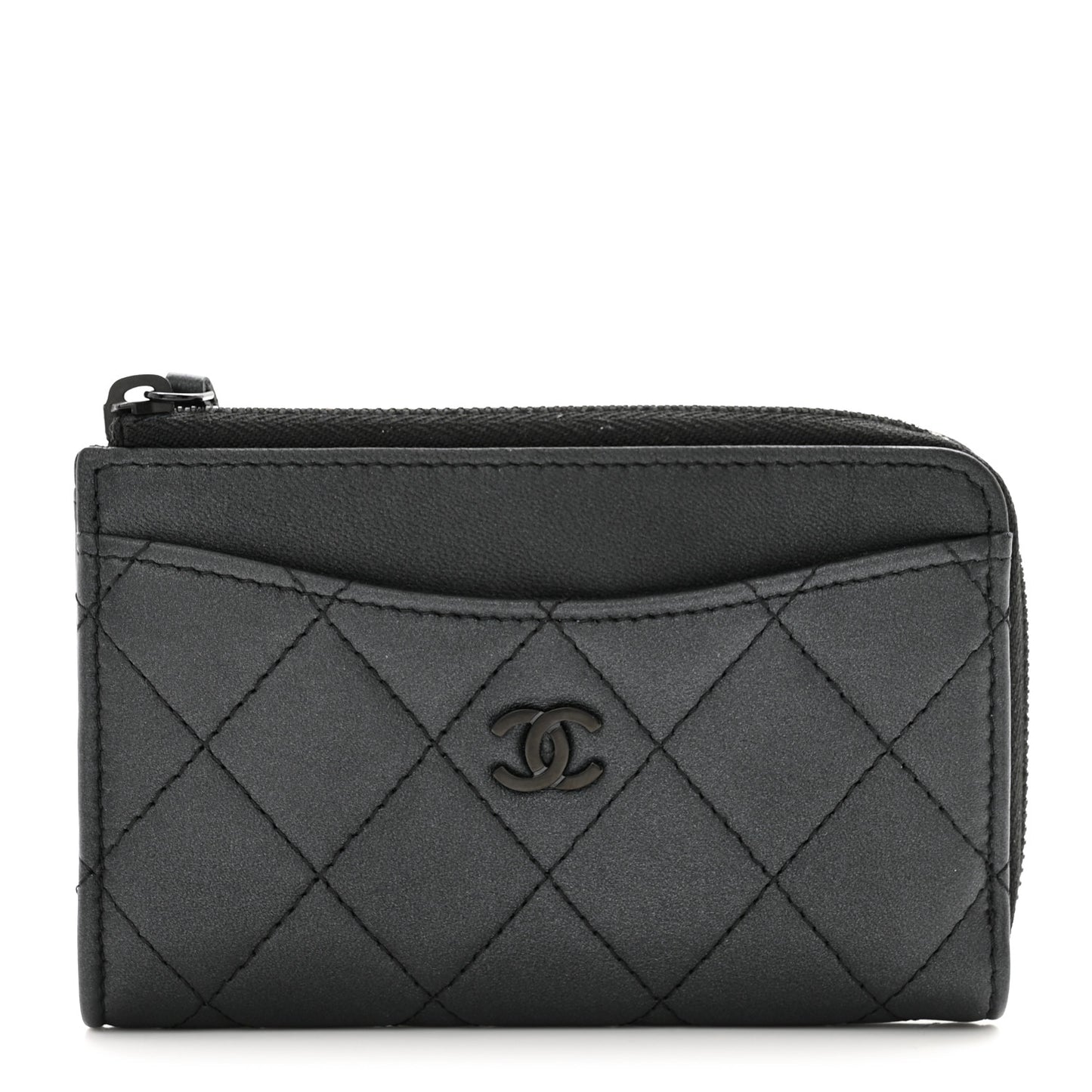 Pearly Lambskin Quilted Zip Card Holder So Black