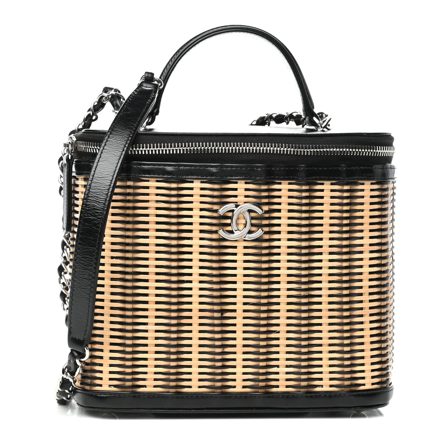 Glazed Calfskin Raffia Vanity Case Bag Black Beige