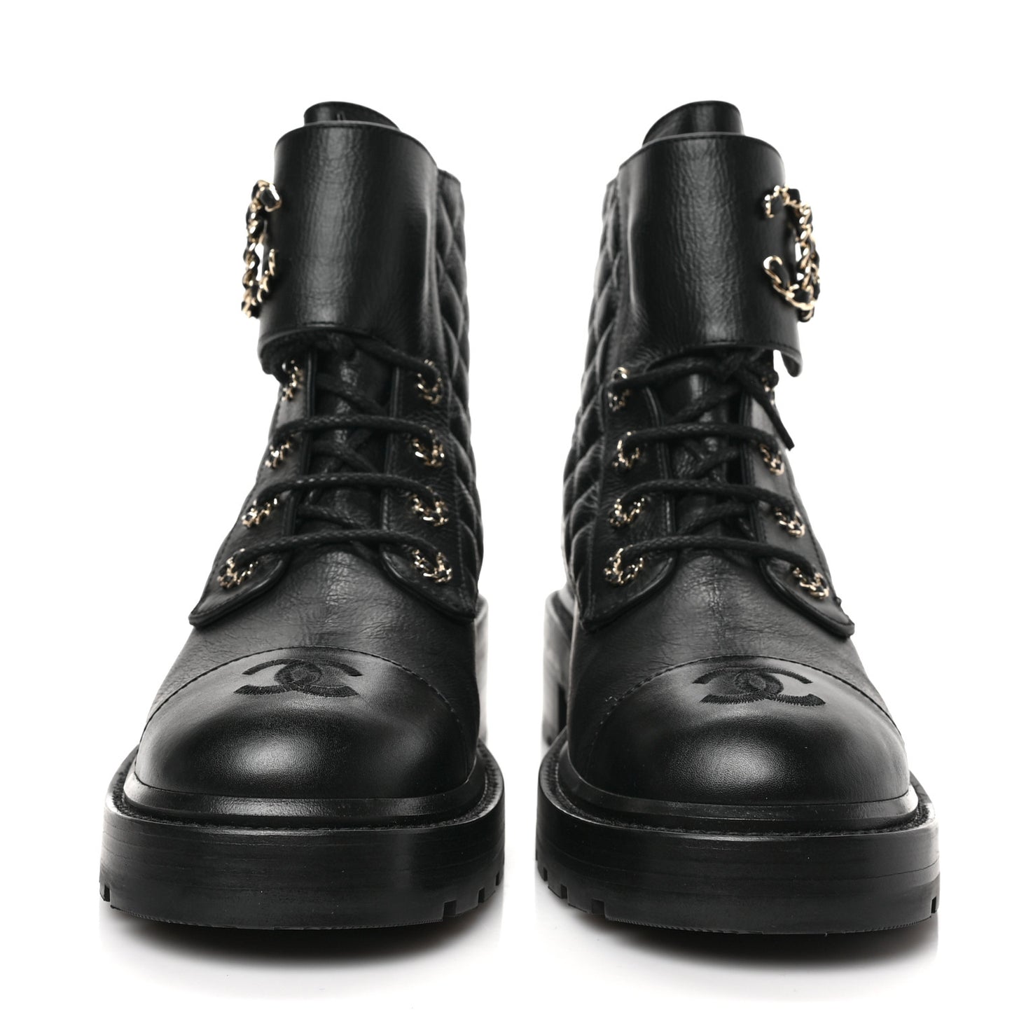Shiny Goatskin Calfskin Quilted Lace Up Combat Boots 40 Black