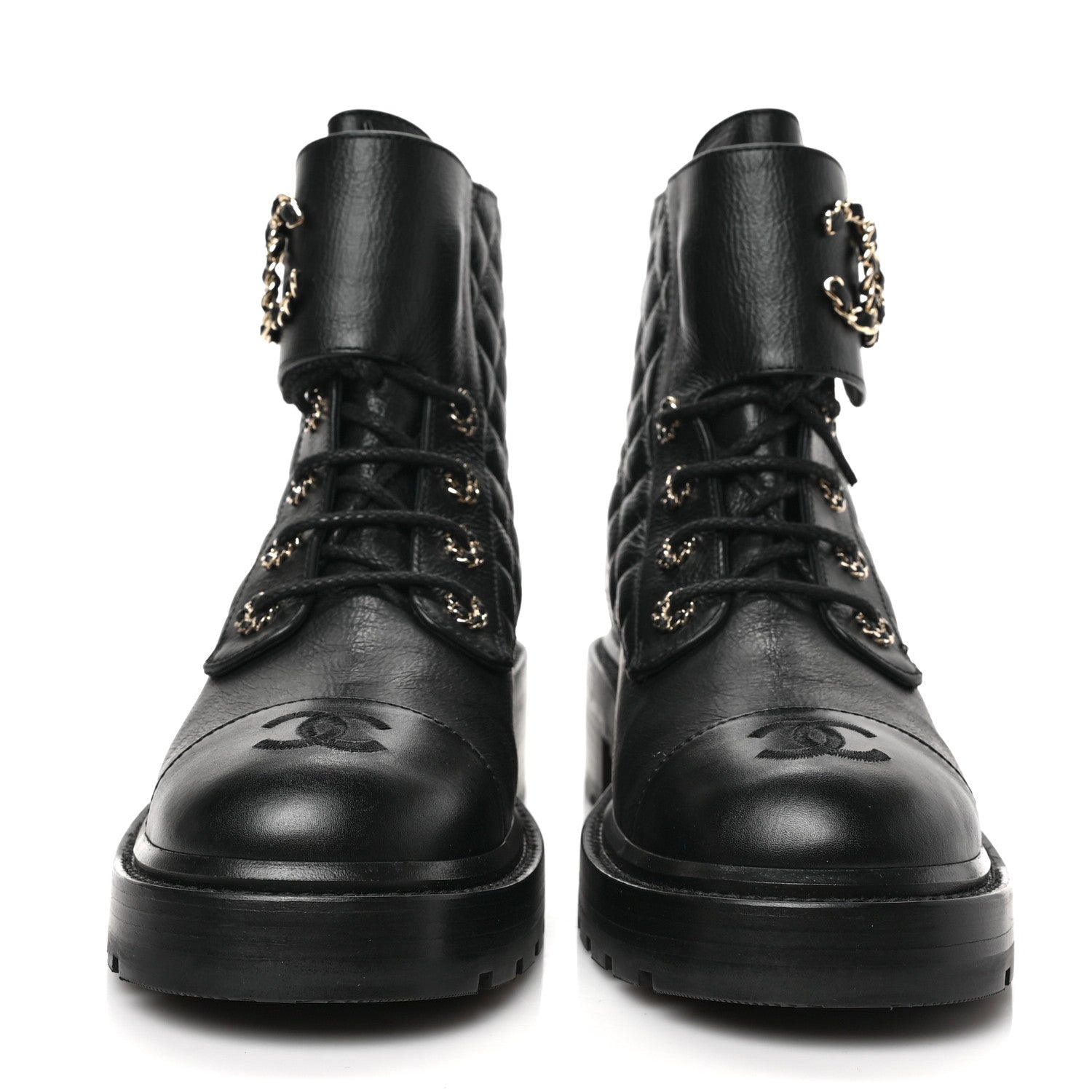 Chanel Shiny Goatskin Calfskin Quilted Lace Up Combat Boots 40 Black 2 of 7