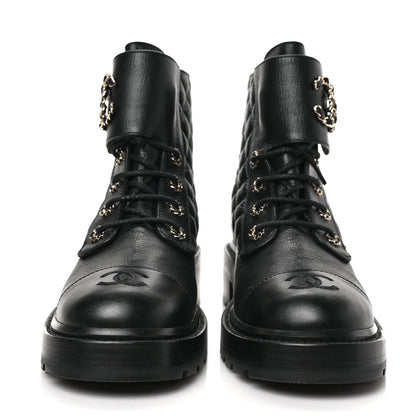 Chanel Shiny Goatskin Calfskin Quilted Lace Up Combat Boots 40 Black 2 of 7