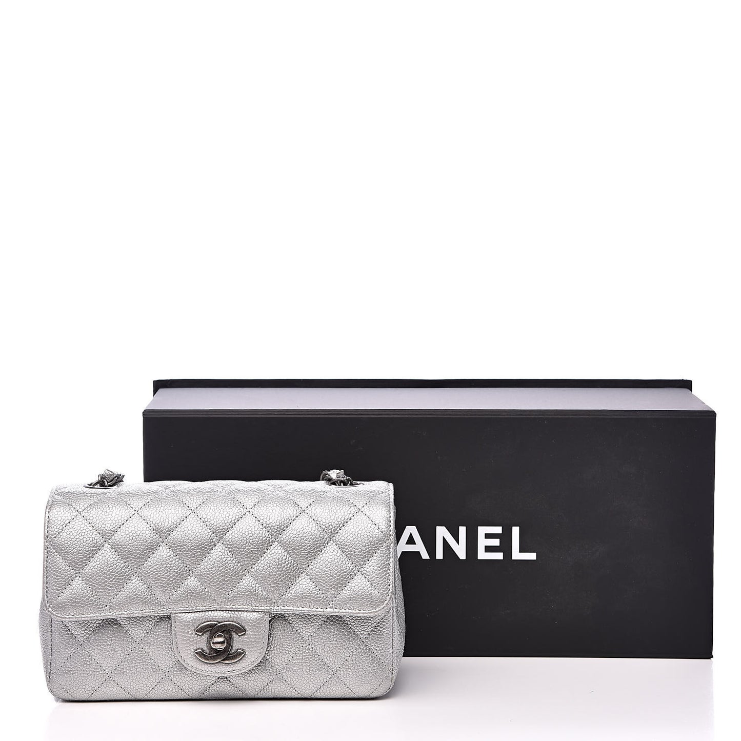 Metallic Caviar Quilted Mini Rectangular Flap Silver
