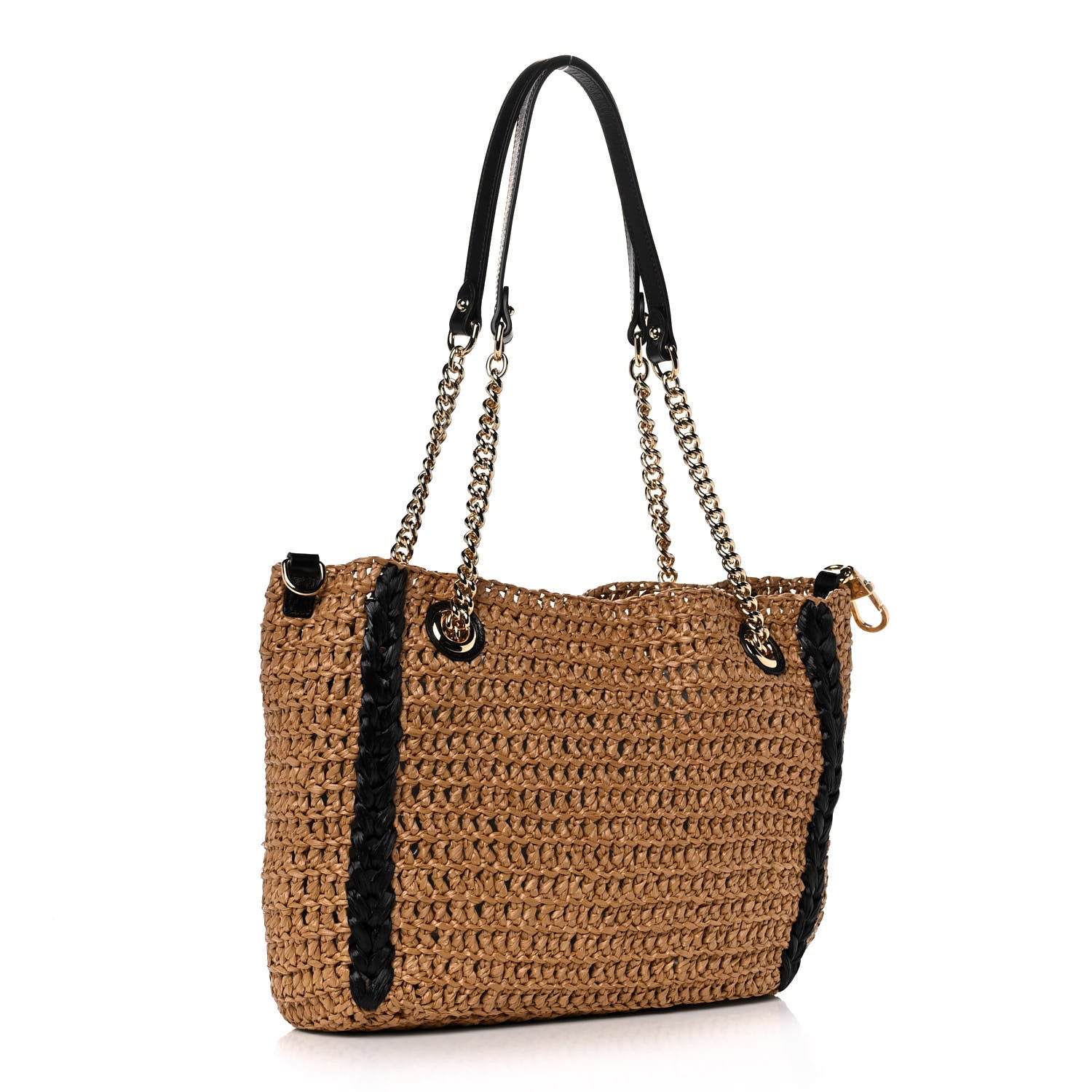 Gucci Raffia Effect Medium GG Marmont Shoulder Tote Bag Natural Black 3 of 11