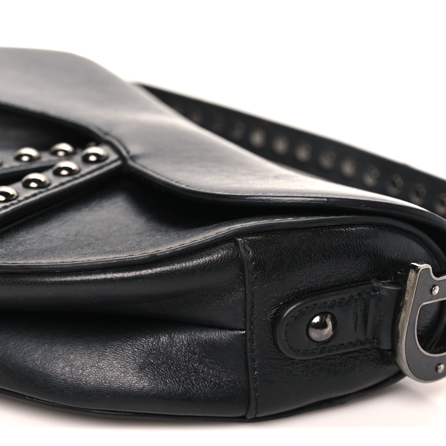 Christian Dior Shiny Crinkled Calfskin Studded Saddle Bag Black 10 of 10