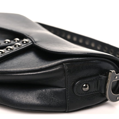 Christian Dior Shiny Crinkled Calfskin Studded Saddle Bag Black 10 of 10