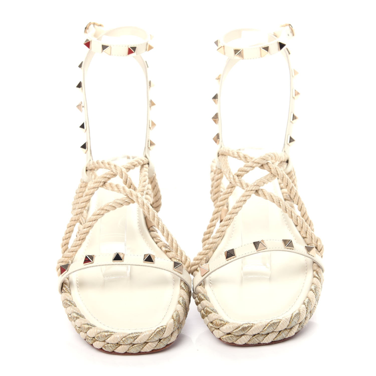 Valentino Garavani Calfskin Rockstud Torchon Rope Espadrille Flat Sandals 39 Light Ivory 5 of 9