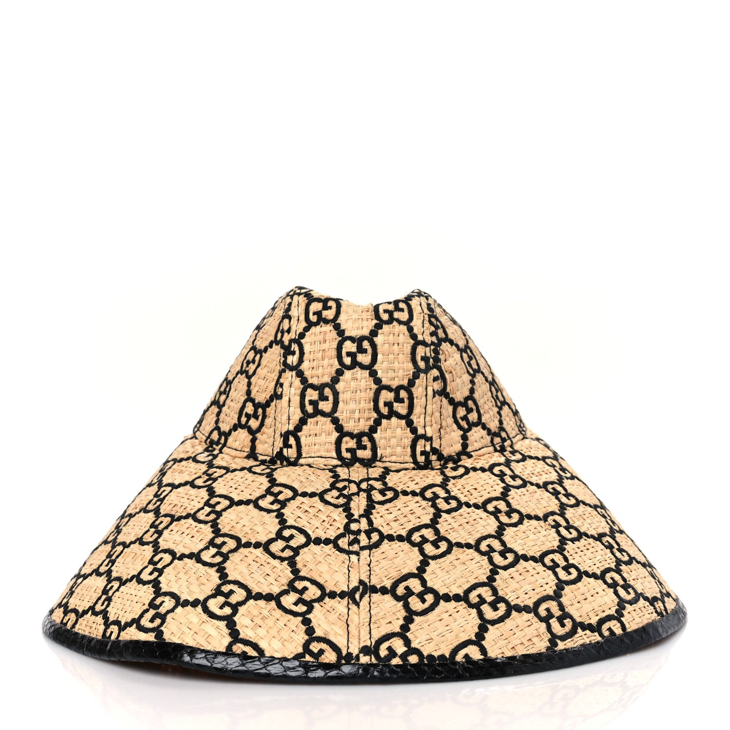 Gucci Raffia Elaphe GG Monogram Embroidered Wide Brim Hat Medium Ivory Black 4 of 9