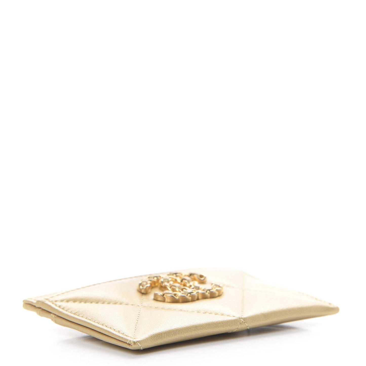 Metallic Goatskin Quilted Chanel 19 Card Holder Gold