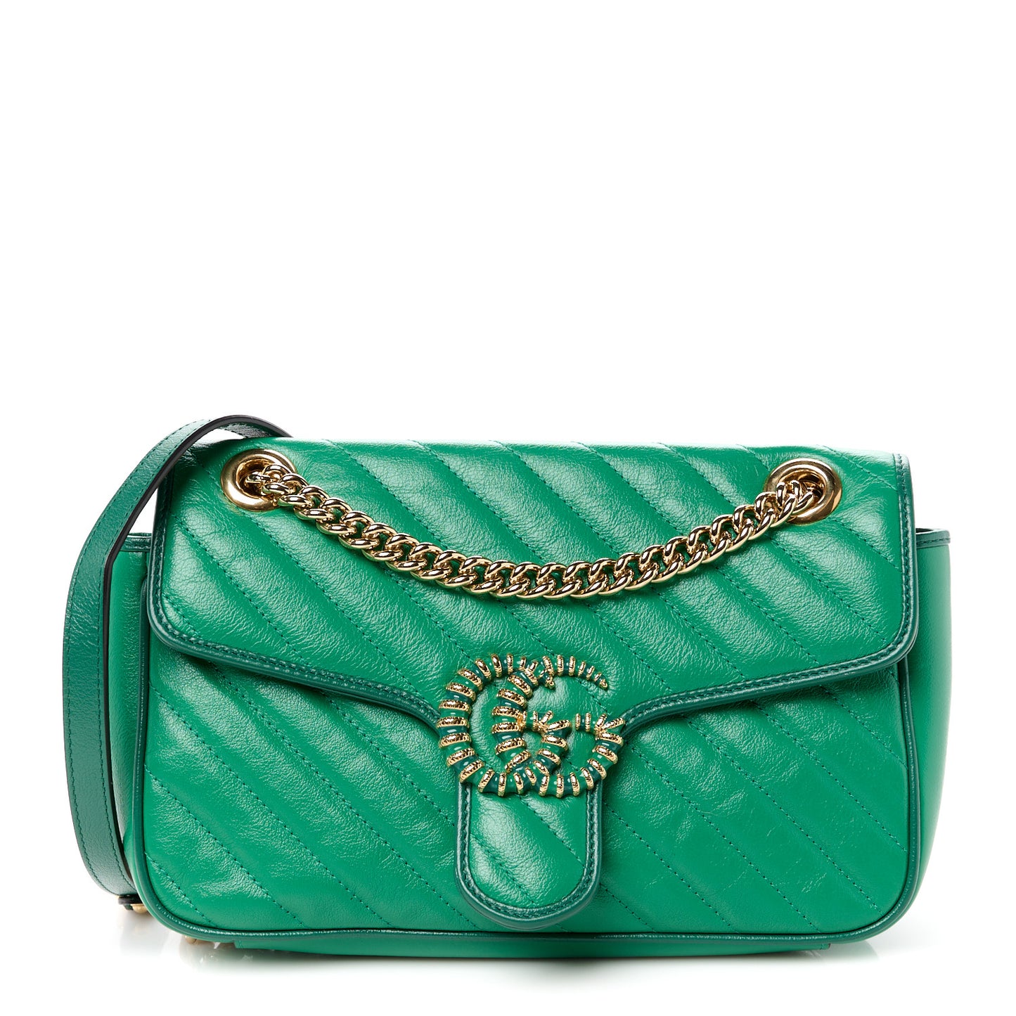 Azalea Calfskin Enamel Matelasse Diagonal Small Torchon GG Marmont Shoulder Bag New Shamarock Emerald