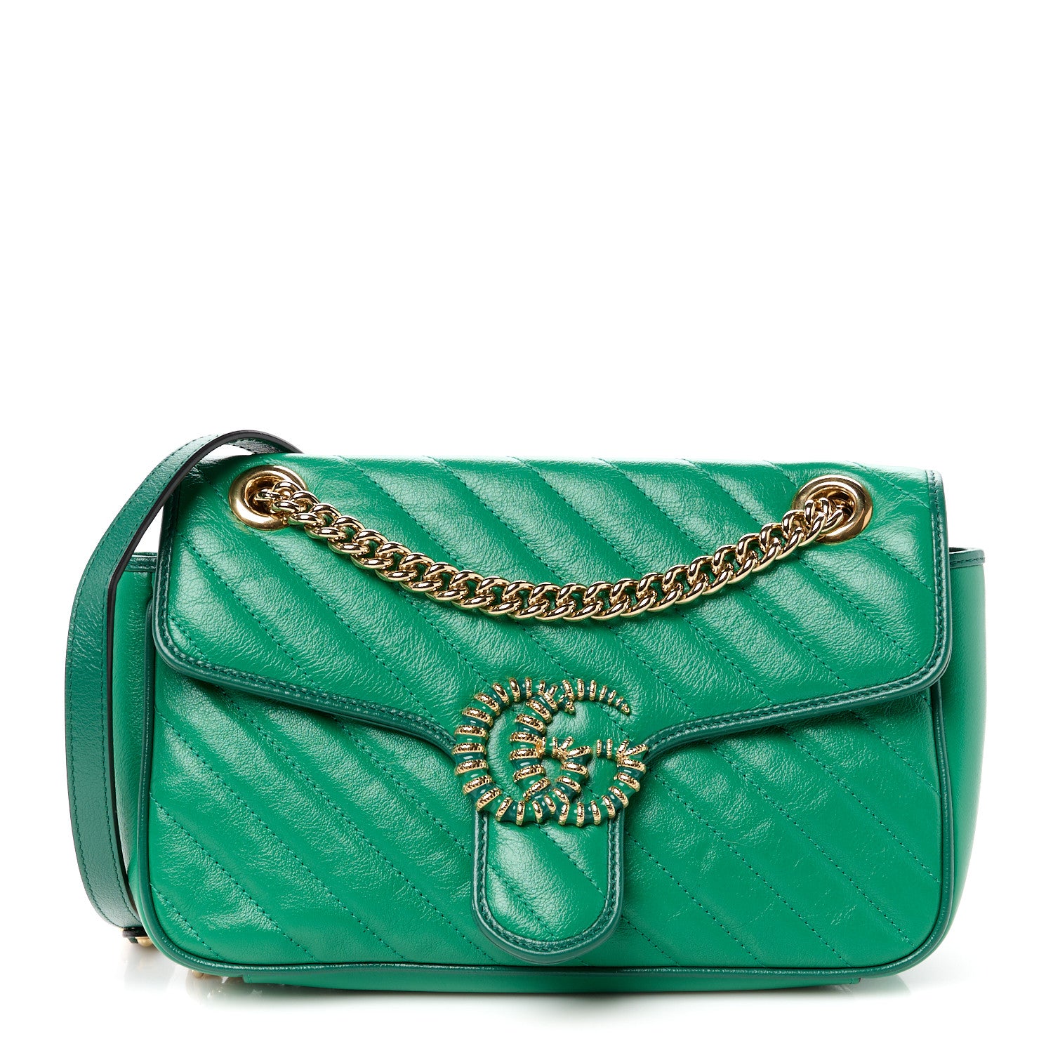 Gucci Azalea Calfskin Enamel Matelasse Diagonal Small Torchon GG Marmont Shoulder Bag New Shamarock Emerald 1 of 11