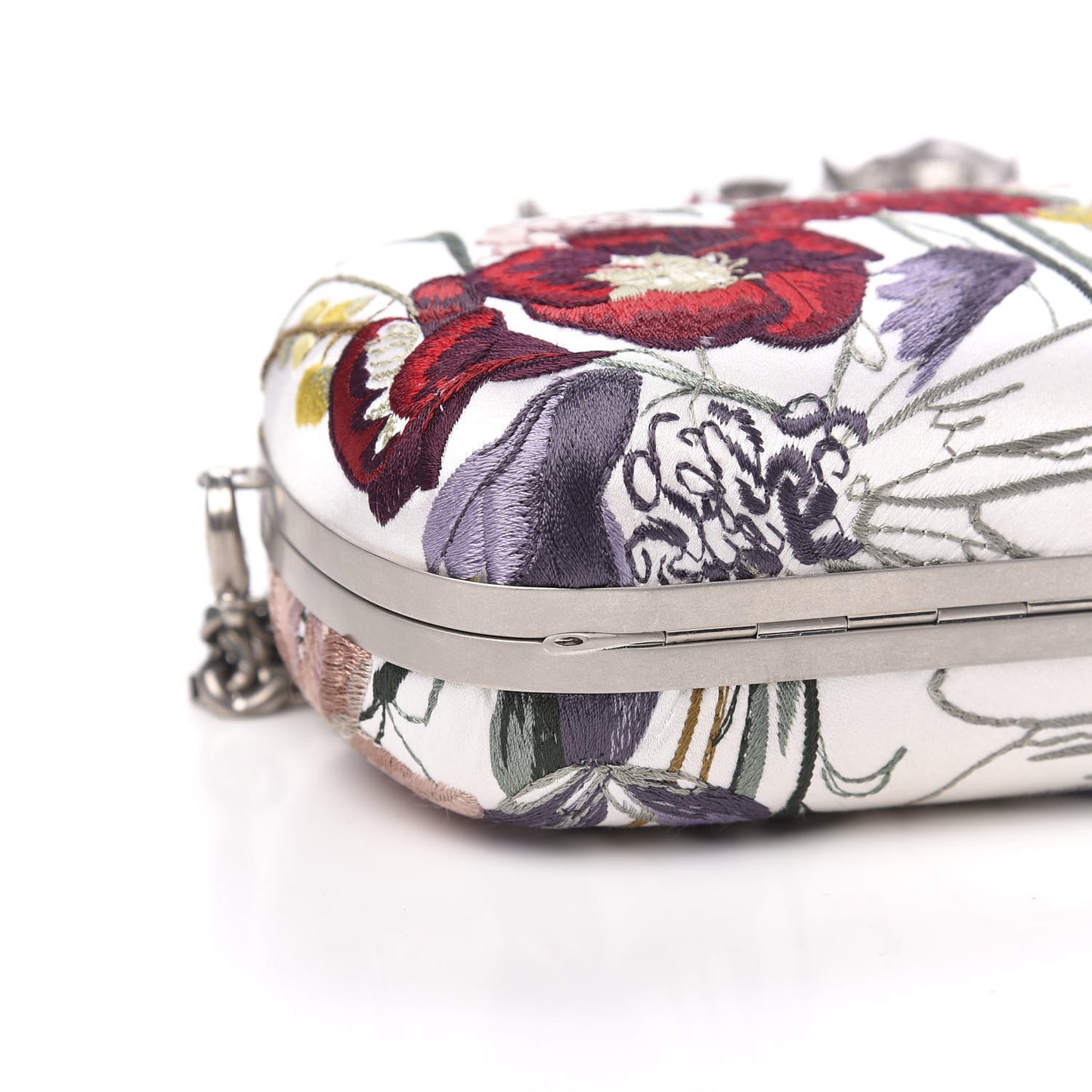 Satin Embroidered Flower Butterfly Knuckle Duster Box Clutch White Multicolor