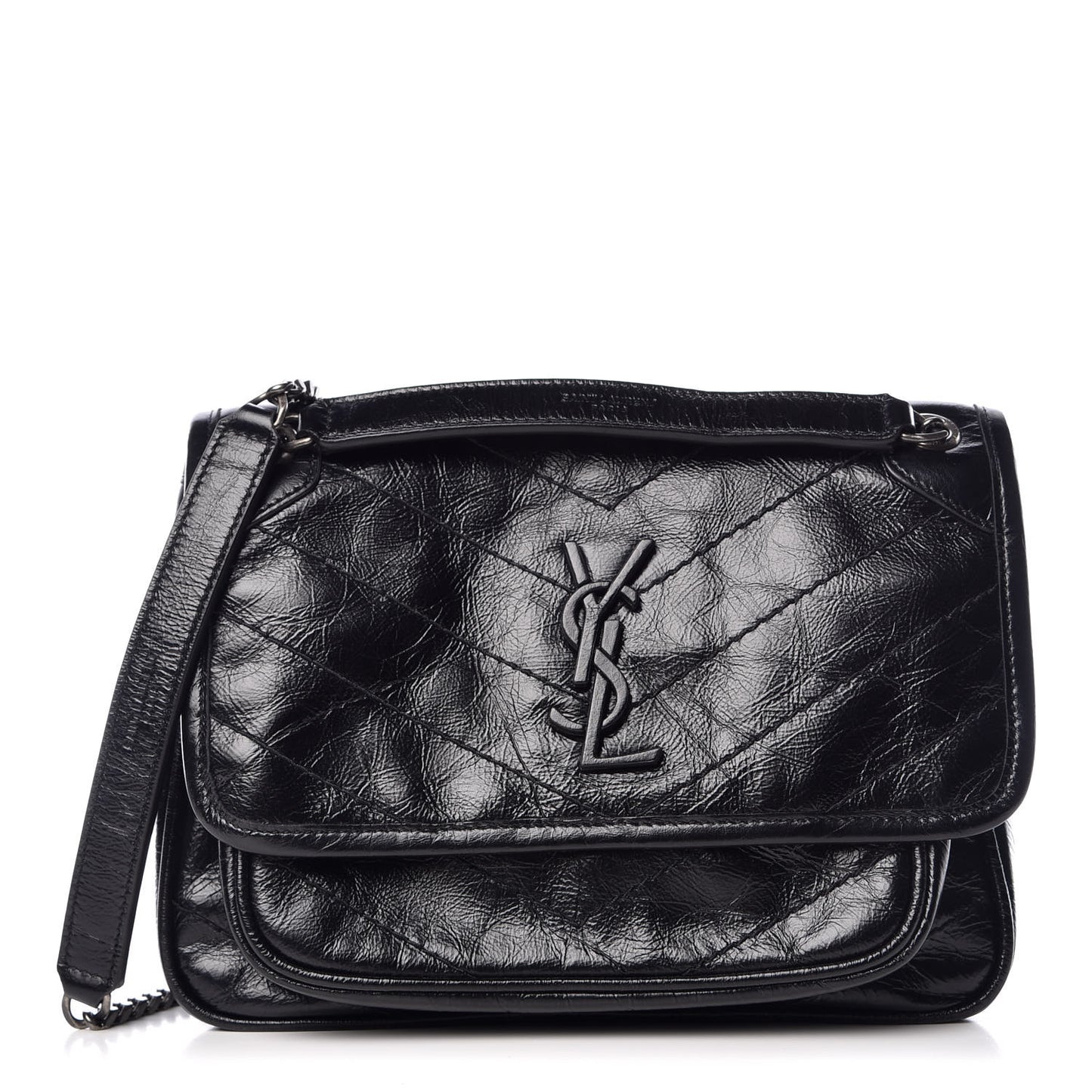 Crinkled Calfskin Matelasse Monogram Baby Niki Chain Satchel Black
