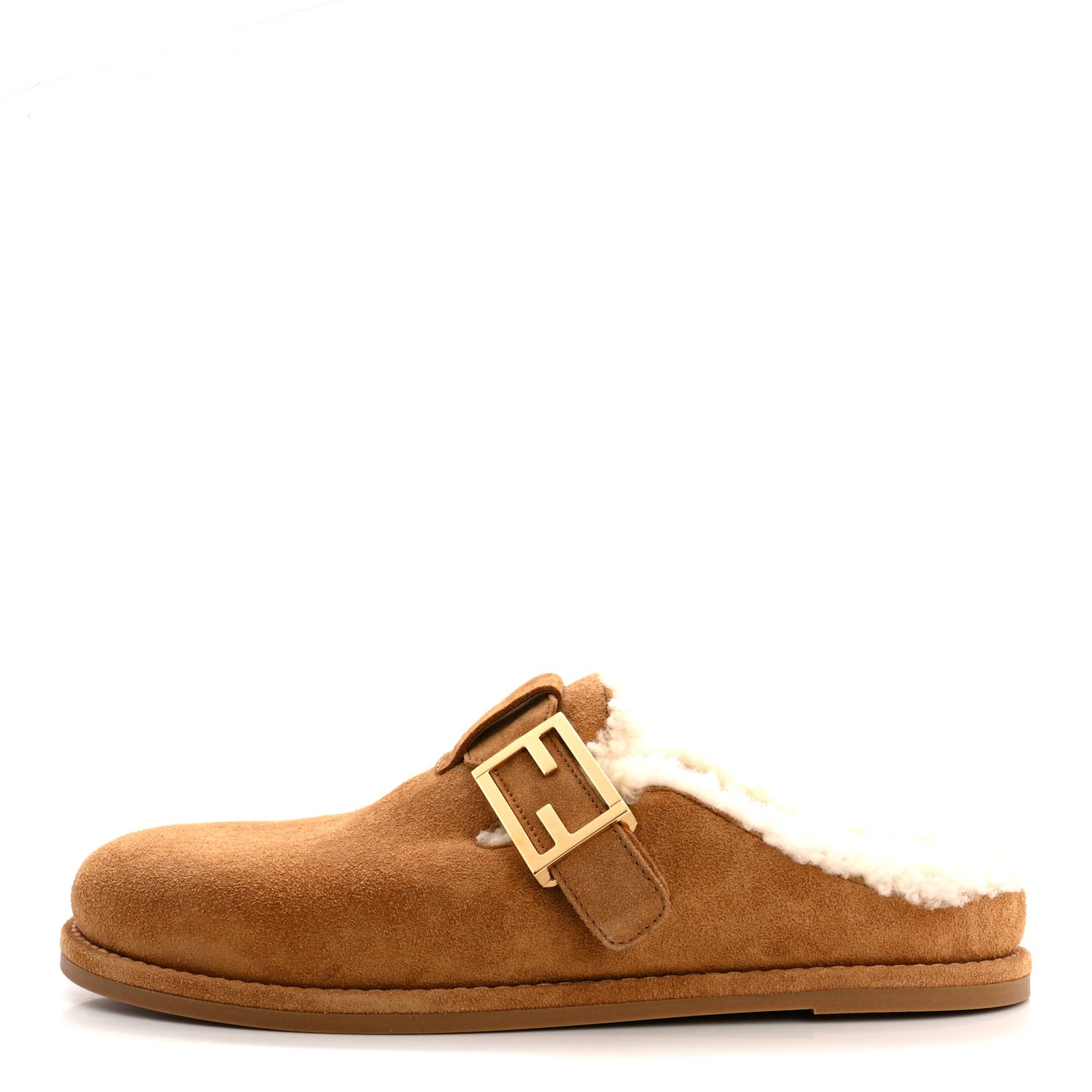 Suede Shearling Fendi Feel Buckled Clogs 38 Caramel Latte