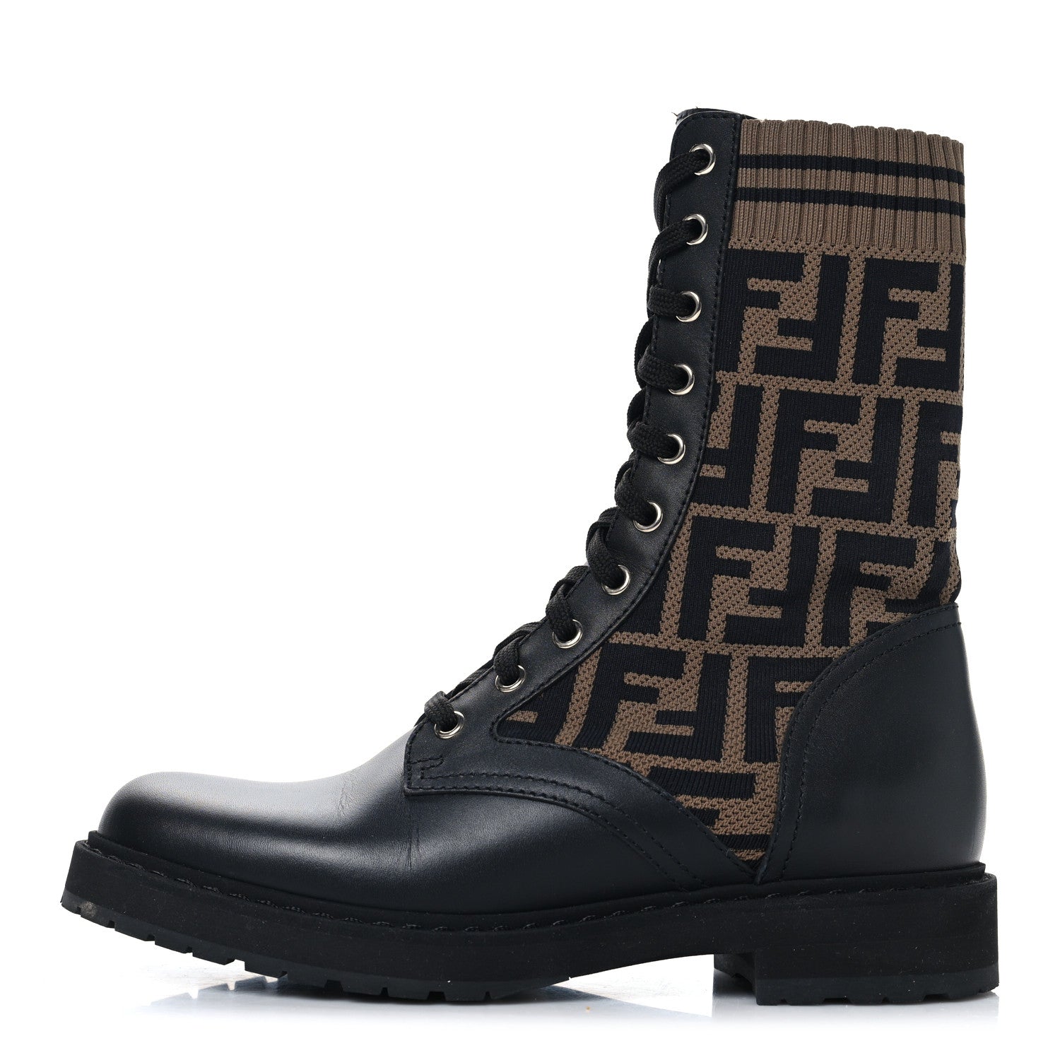 Fendi Calfskin Stretch Fabric FF Rockoko Biker Boots 37.5 Black Tobacco 1 of 7