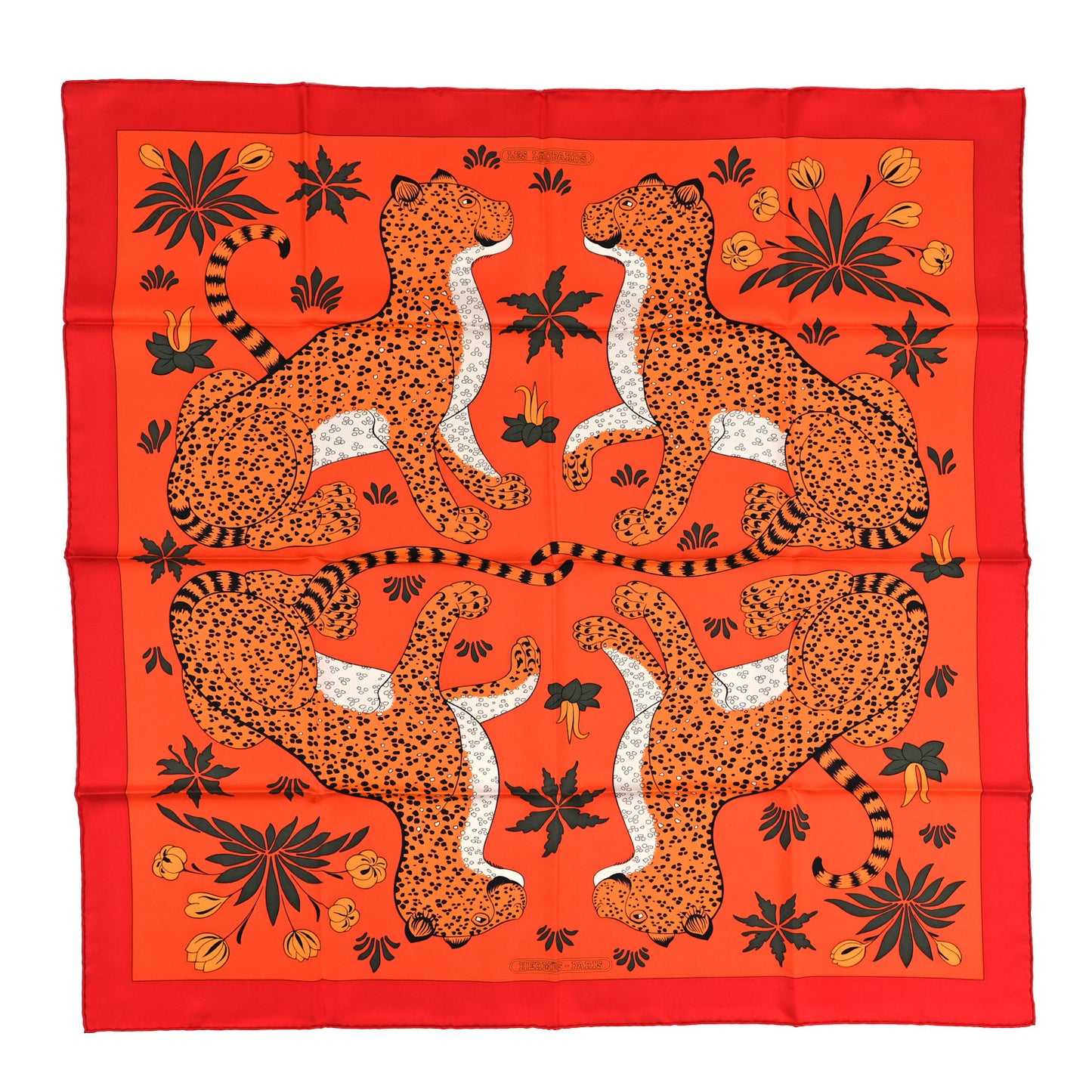 Silk Les Leopards Scarf 90 Orange Abricot Vert