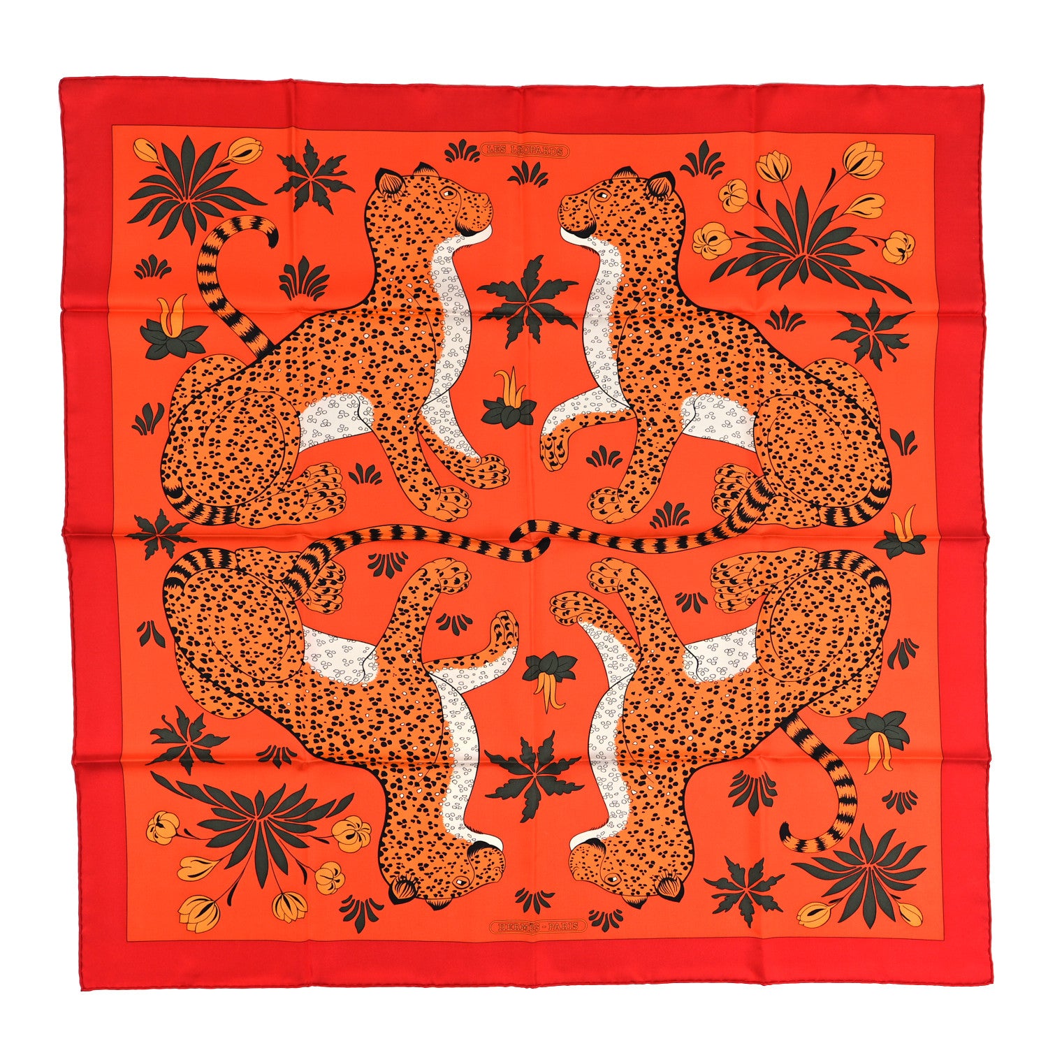 Hermes Silk Les Leopards Scarf 90 Orange Abricot Vert 1 of 4