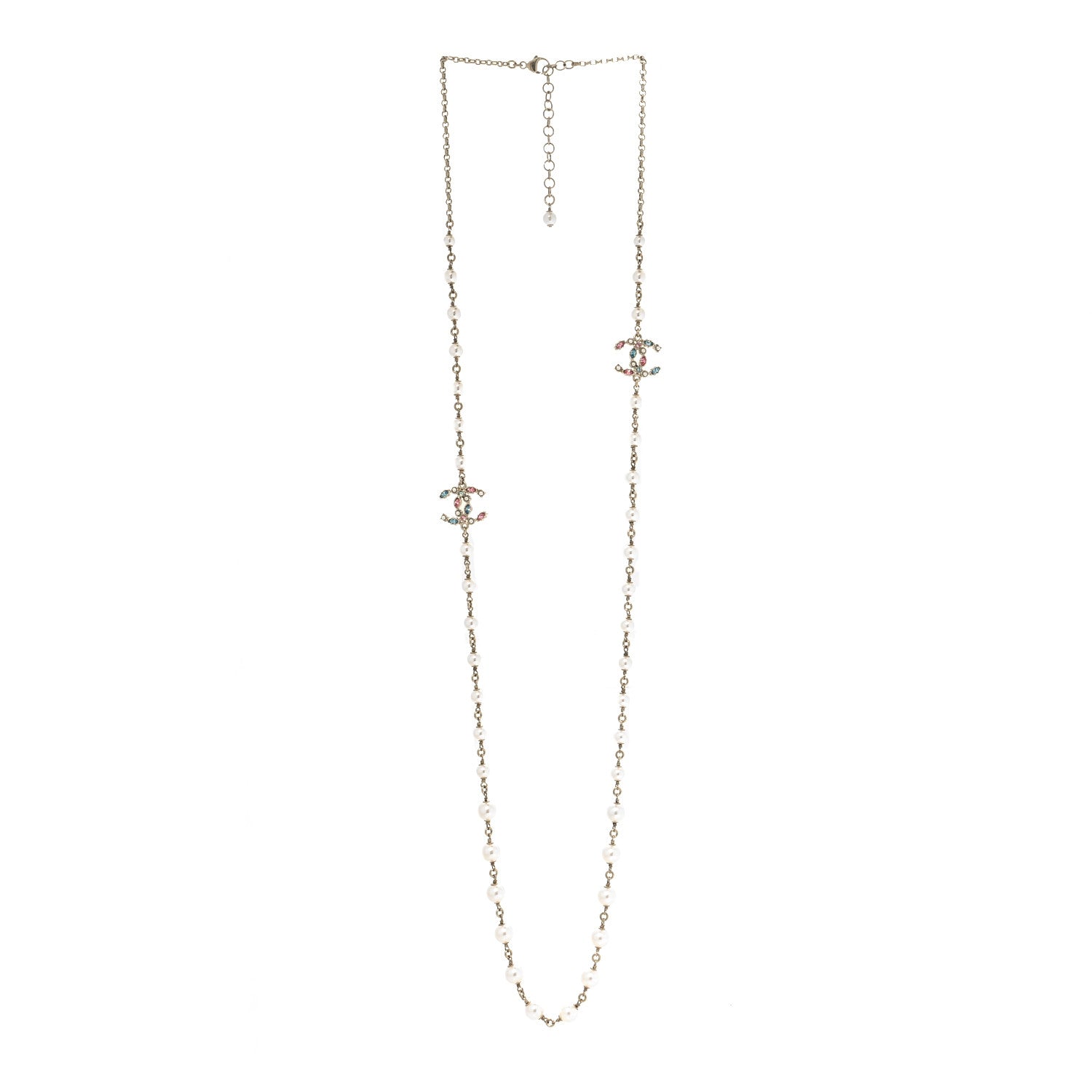Chanel Pearl Crystal CC Long Necklace Gold Multicolor 3 of 5