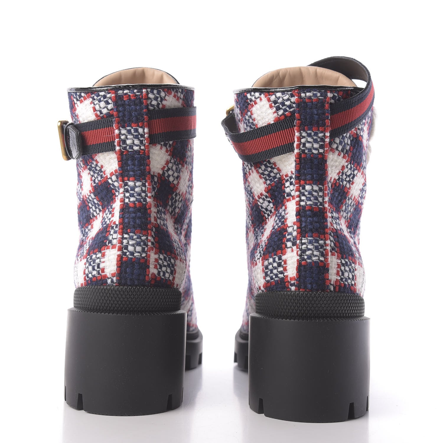 Gucci Vintage Tweed Check Lace Up Combat Ankle Boots 39 White Hibiscus Red Marine 7 of 12