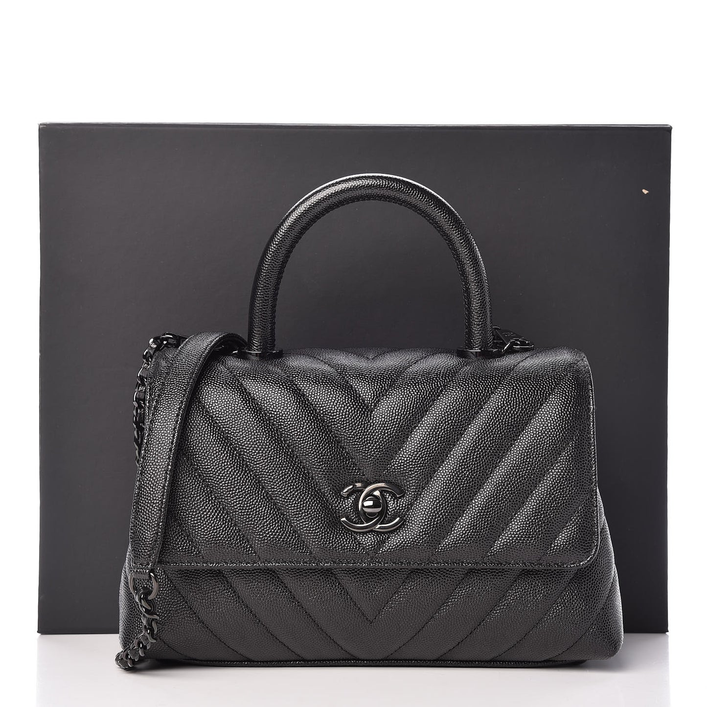 Caviar Chevron Quilted Mini Coco Handle Flap So Black
