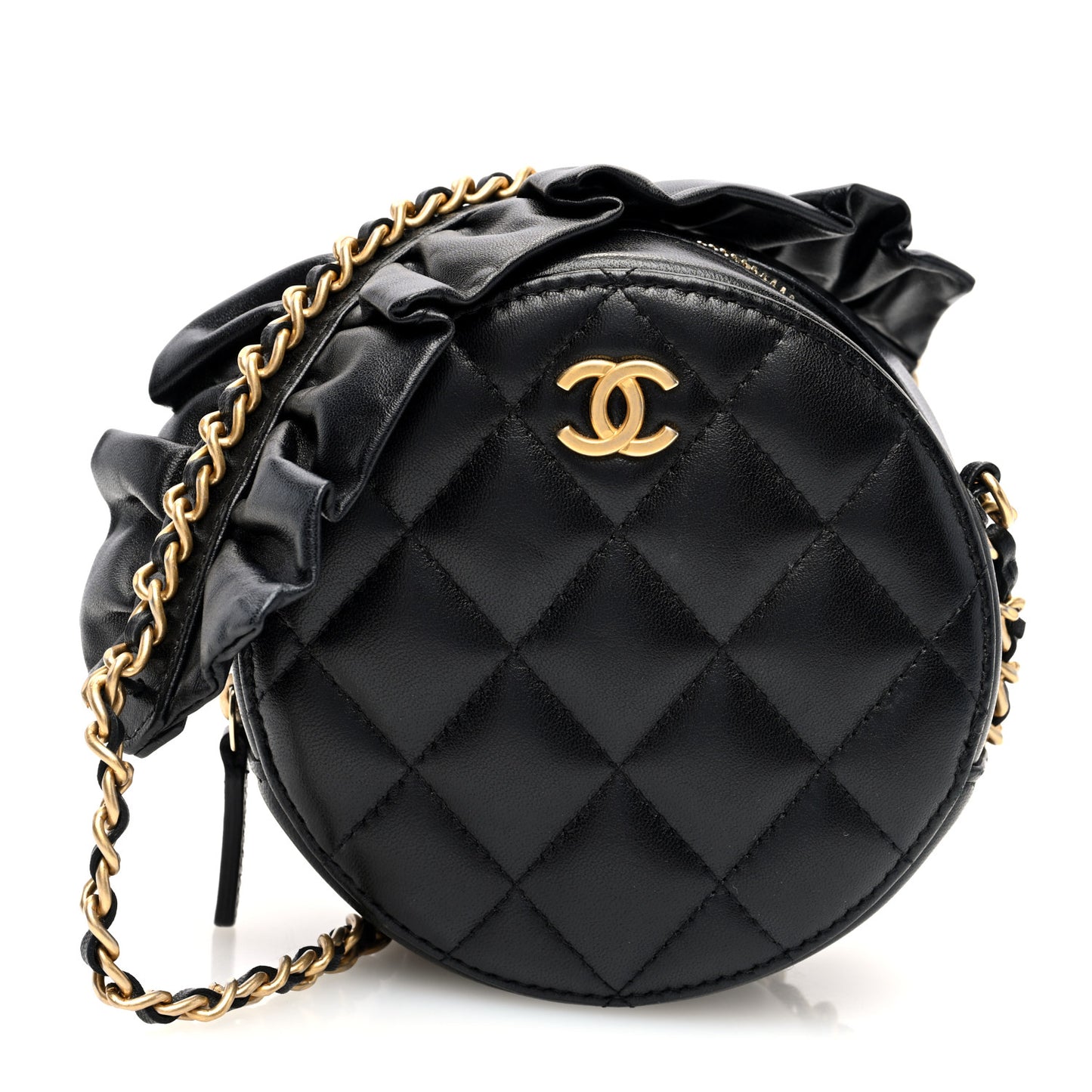 Lambskin Quilted Romance Round Clutch With Chain Black