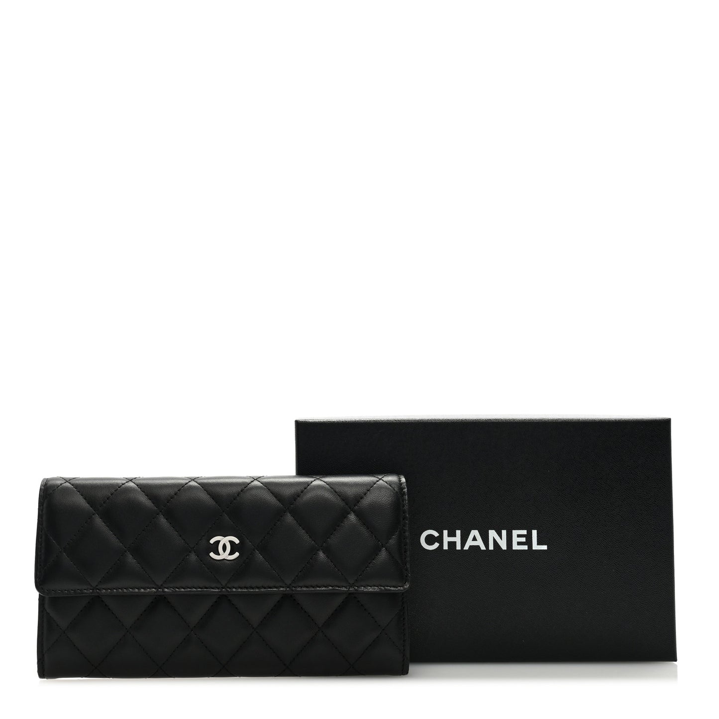 Lambskin Quilted Large Gusset Flap Wallet Black