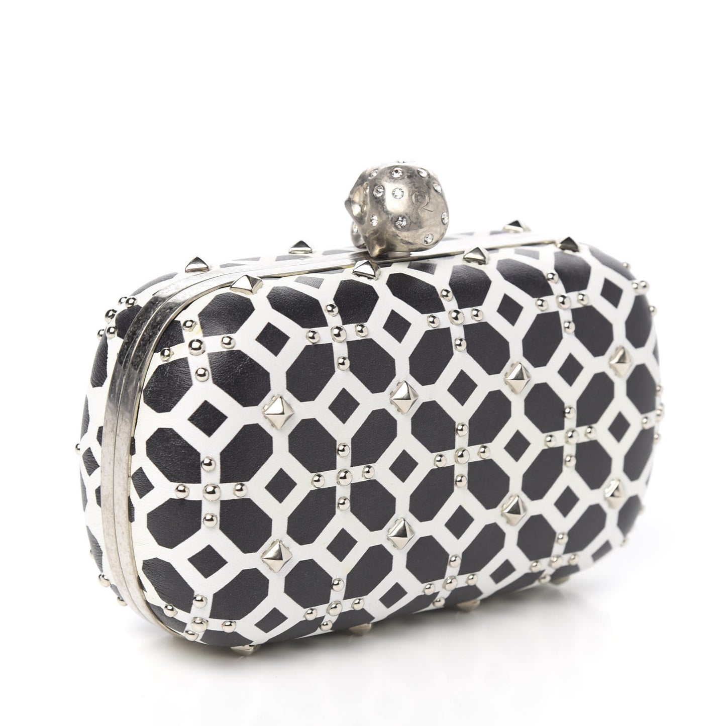 Lambskin Studded Skull Box Clutch Ivory Black
