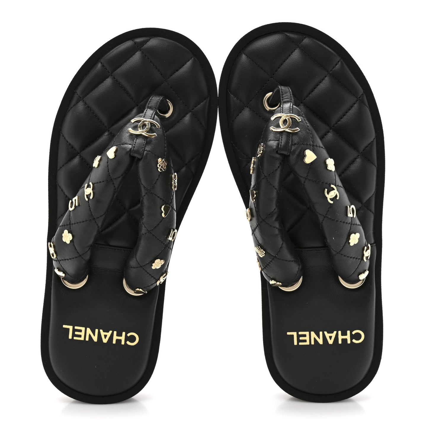 Lambskin Quilted Padded Charms Thong Sandals 36 Black
