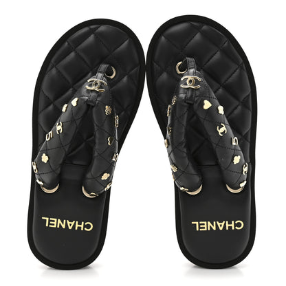 Chanel Lambskin Quilted Padded Charms Thong Sandals 36 Black 2 of 8