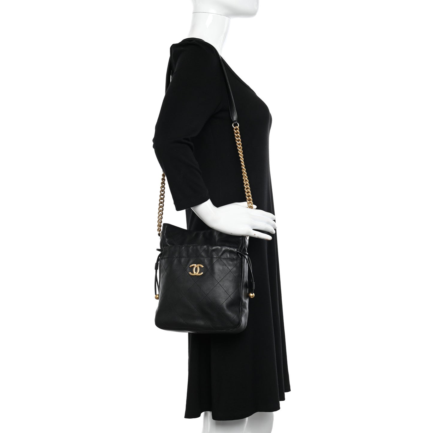 Calfskin Quilted Drawstring Bucket Bag Black