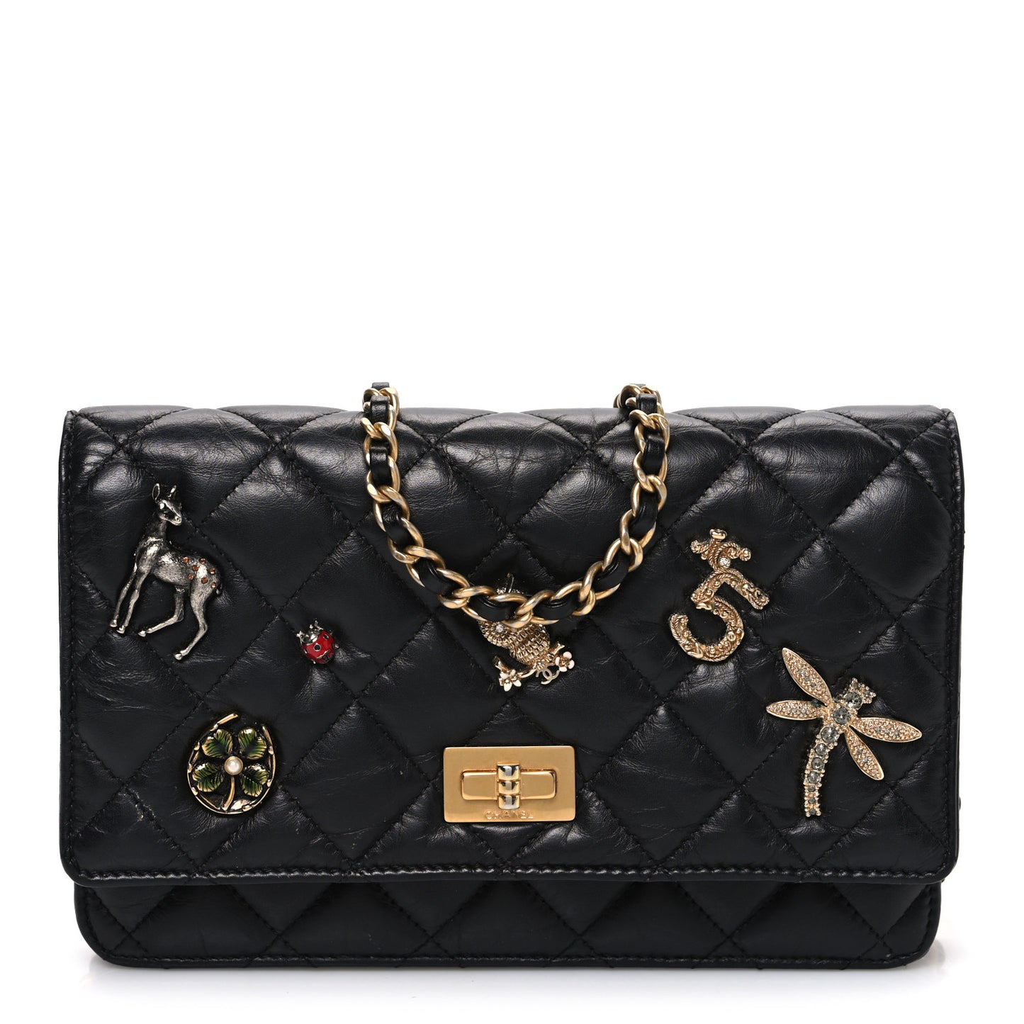 Aged Calfskin Lucky Charms 2.55 Reissue Wallet on Chain WOC Black