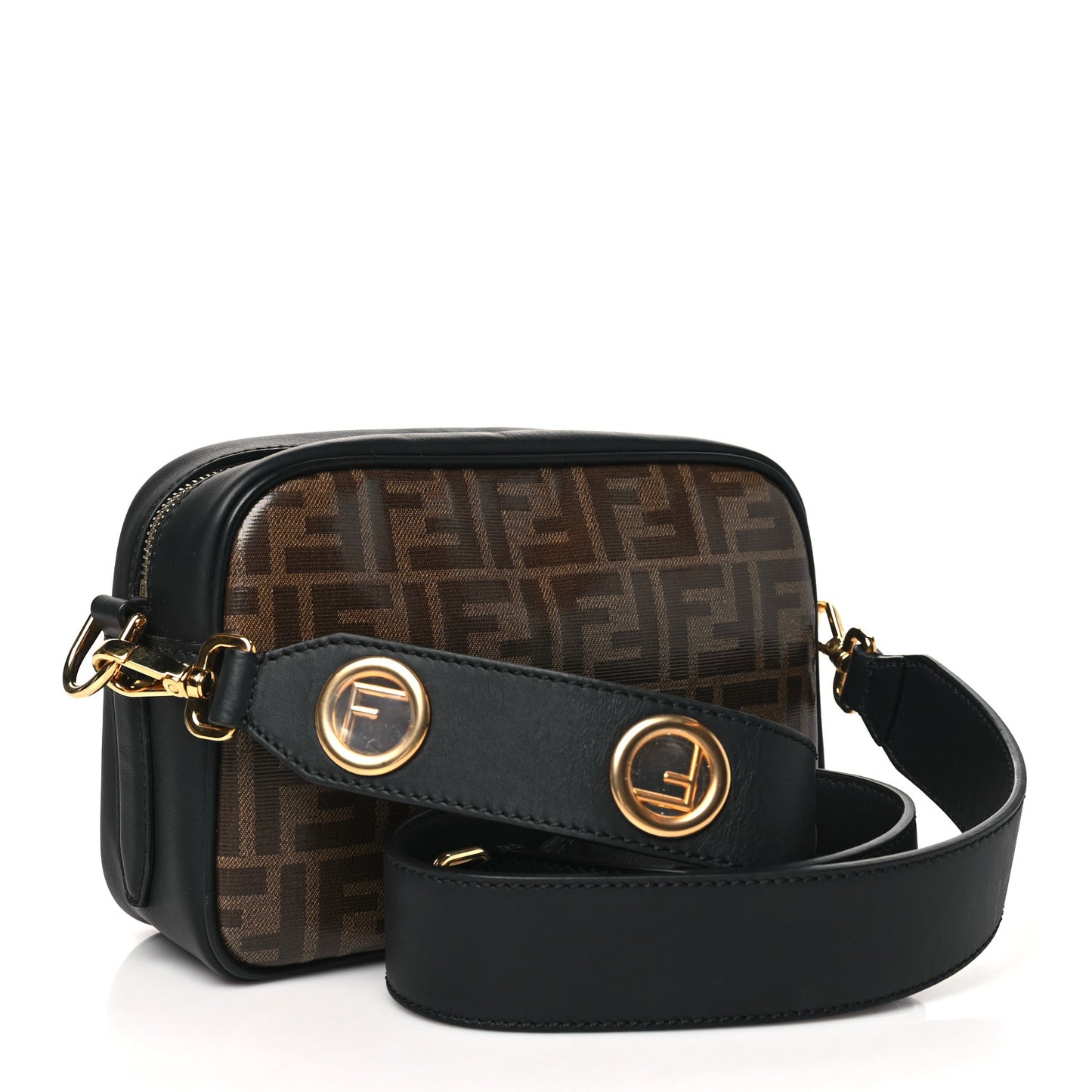 Glazed Fabric Vitello Century F is Fendi FF 1974 Stamp Patch Camera Case Mogano Panna Black