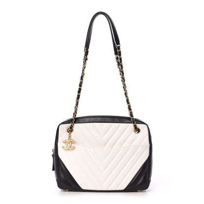 Chanel Lambskin Chevron Quilted Camera Case Black White 1 of 9
