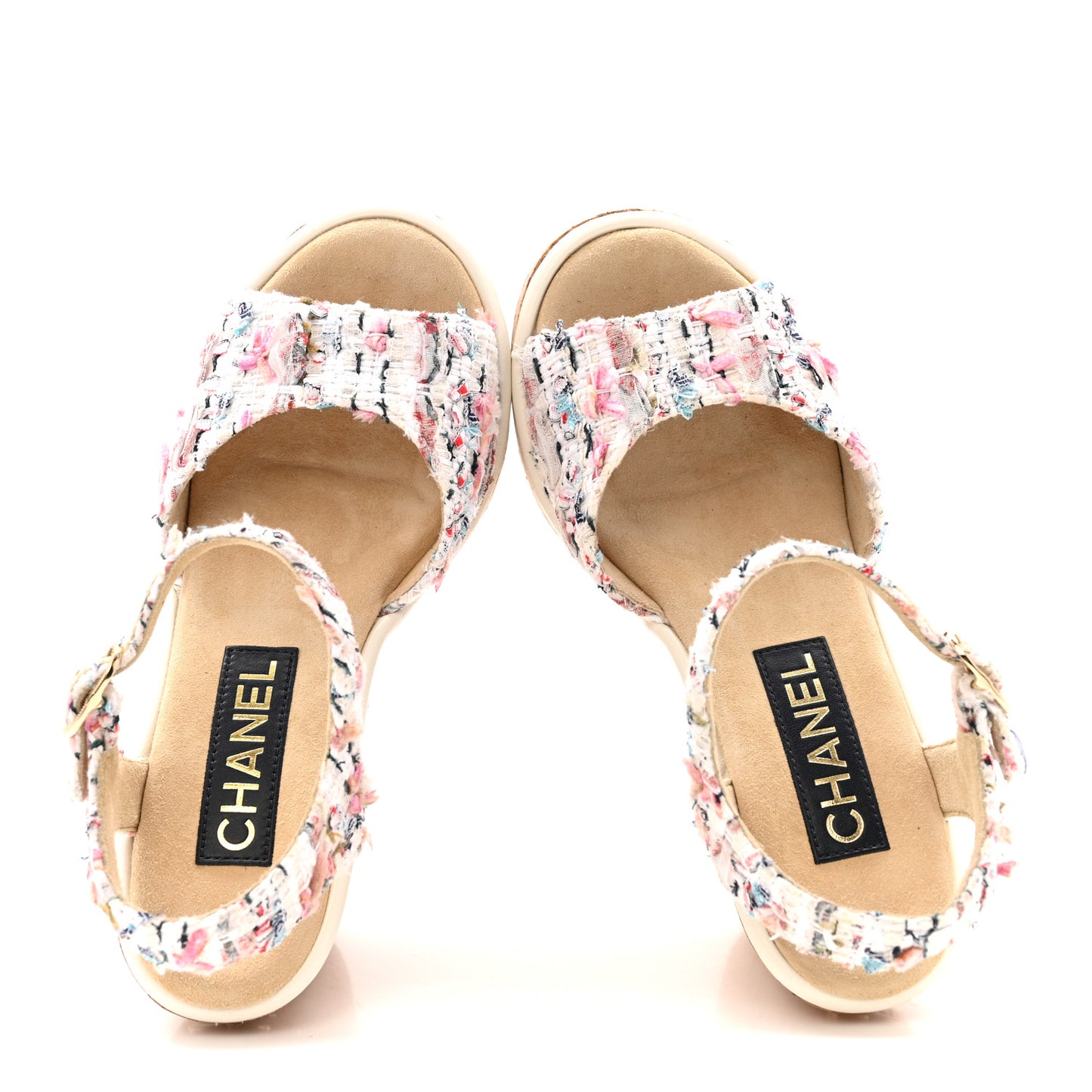 Tweed Cork CC Wedge Sandals 37 Ecru Pink Blue Green