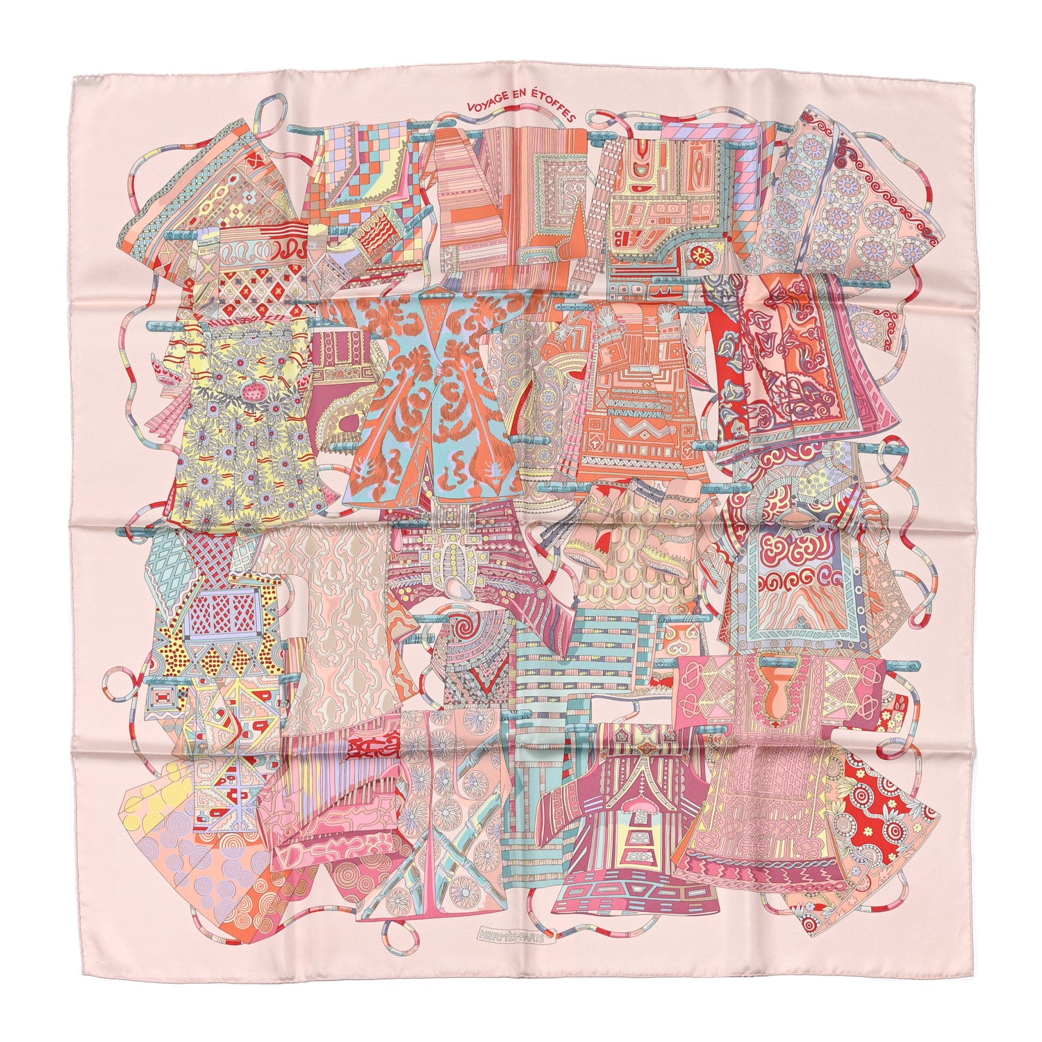 Hermes Silk Voyage En Etoffes Scarf 90 Rose Pale Saumon Jaune Pale 1 of 3