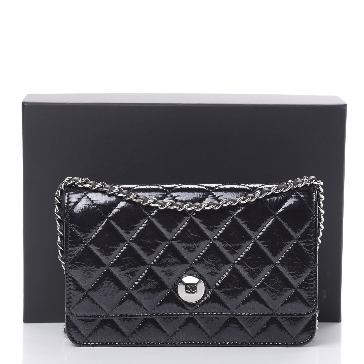 Patent Metallic Crumpled Calfskin Quilted Wallet On Chain WOC Navy