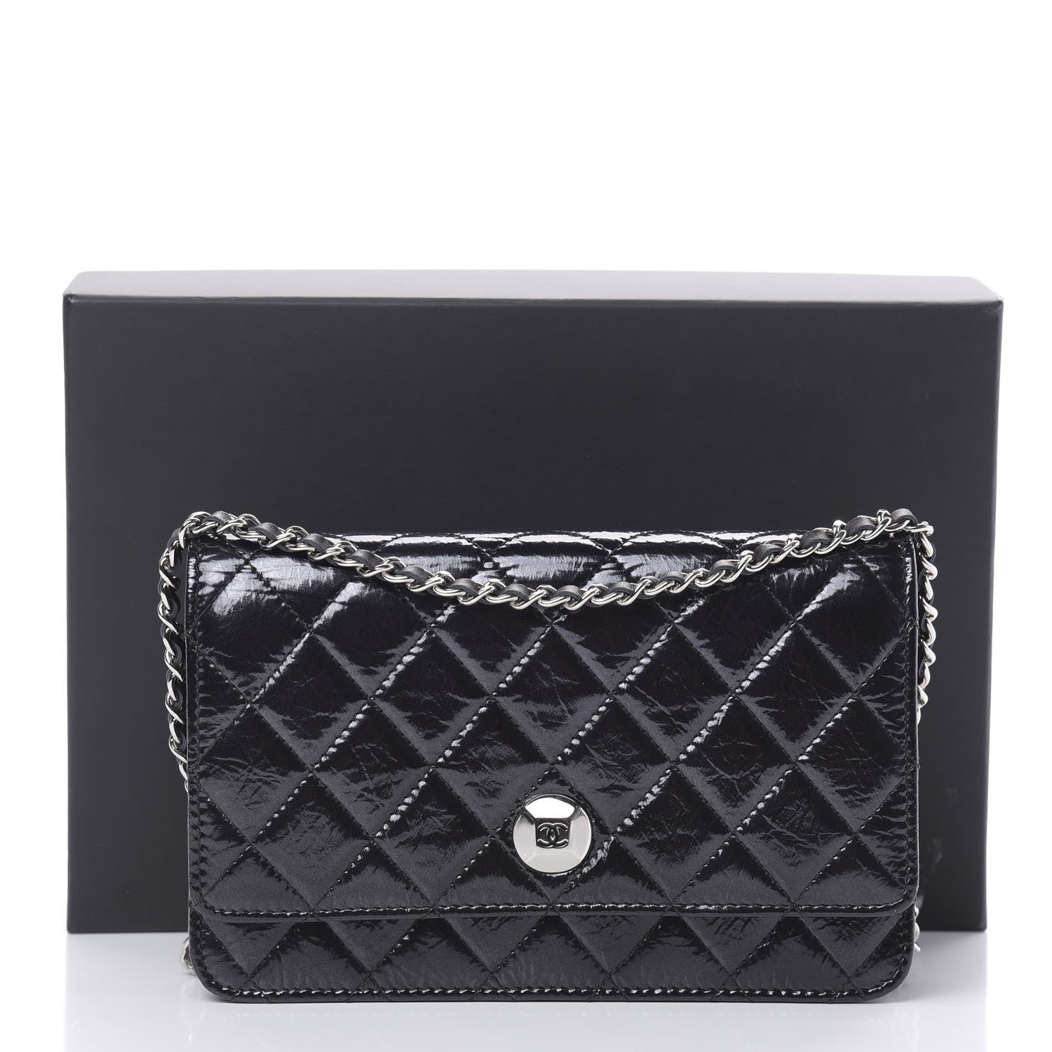 Chanel Patent Metallic Crumpled Calfskin Quilted Wallet On Chain WOC Navy 12 of 12