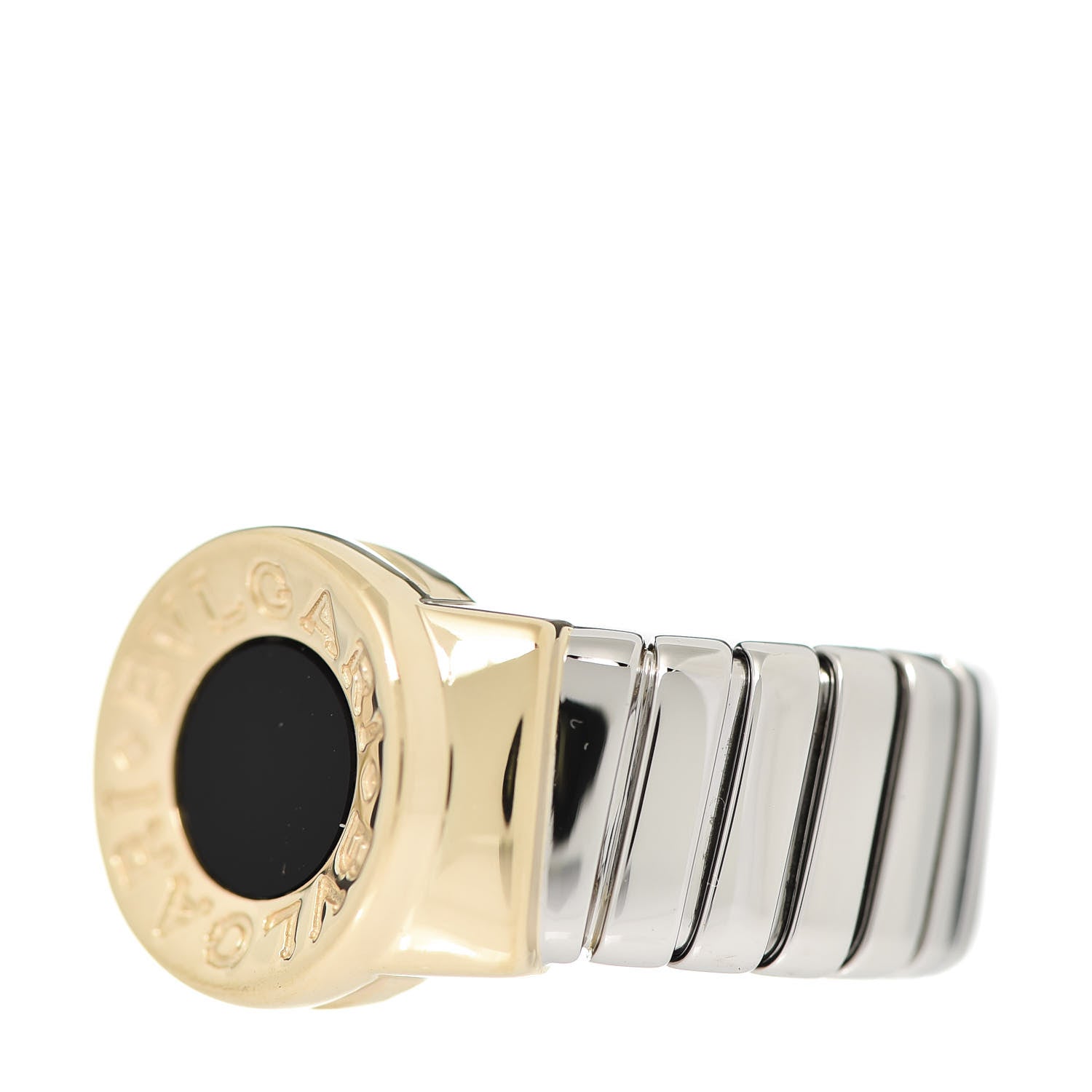Bulgari Stainless Steel 18K Yellow Gold Onyx Tubogas Ring 54 6.75 3 of 5