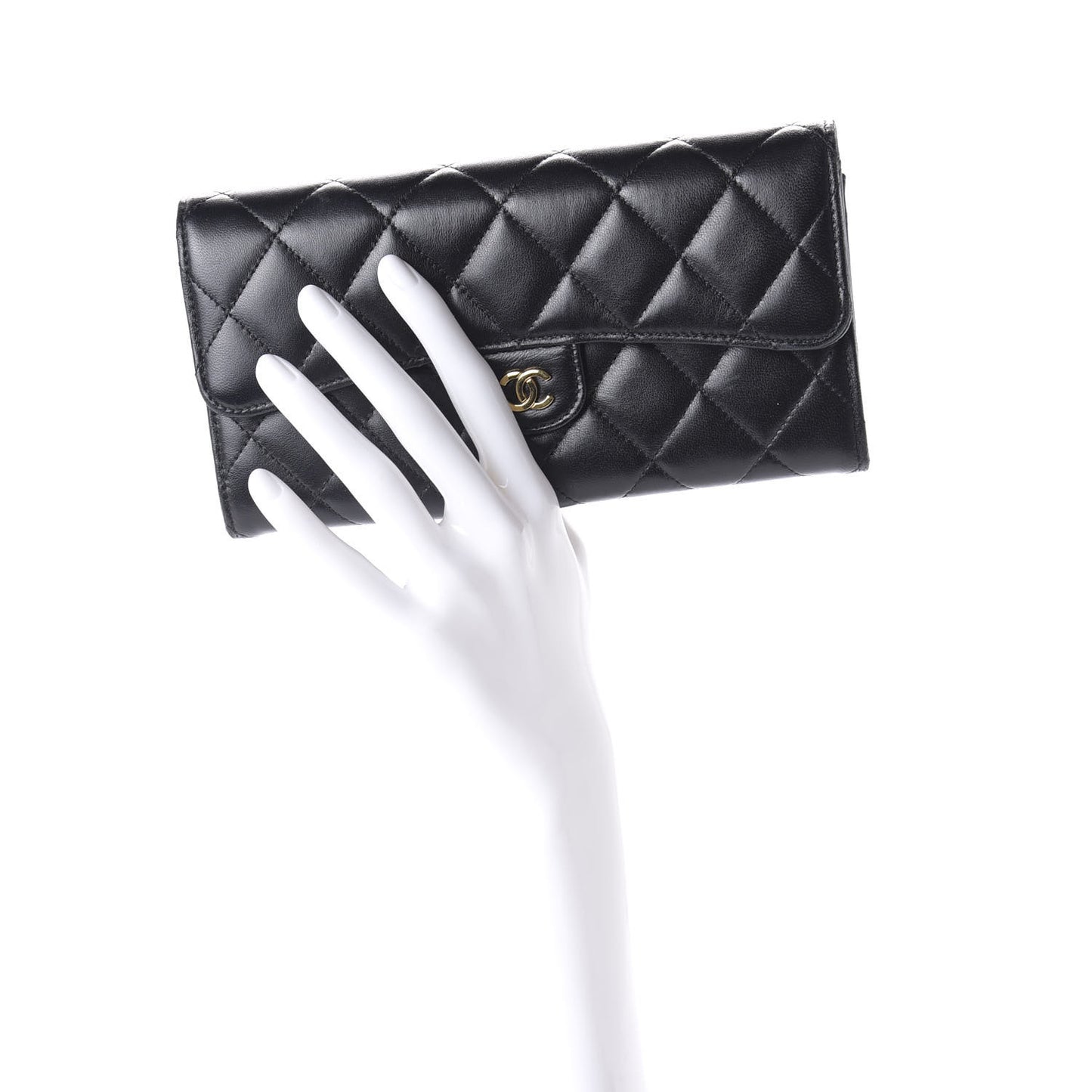 Lambskin Quilted Large Gusset Flap Wallet Black