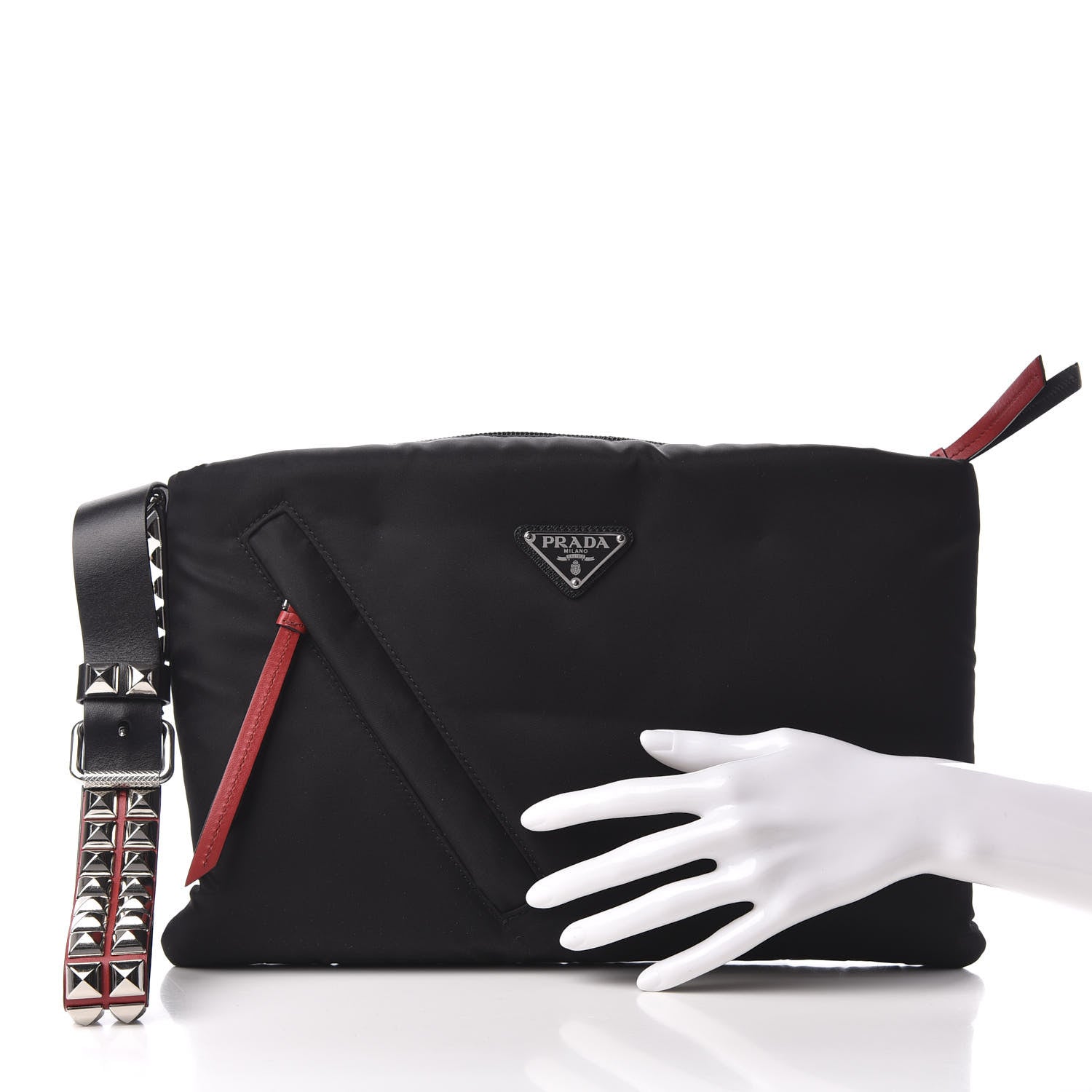 Prada Tessuto Nylon Studded Wristlet Black Fuoco 2 of 8