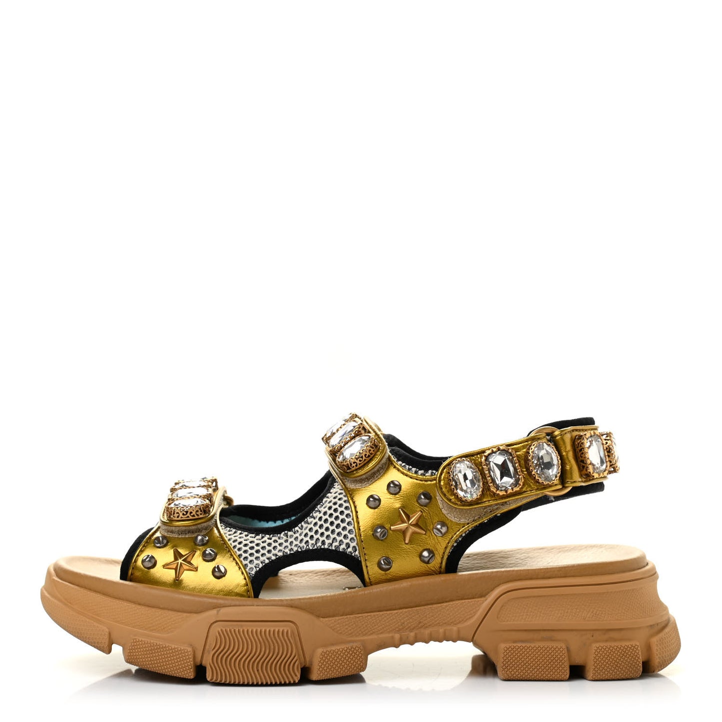 Silk Calfskin Mesh Crystal Embellished Studded Womens Aguru Sandals 40 Gold