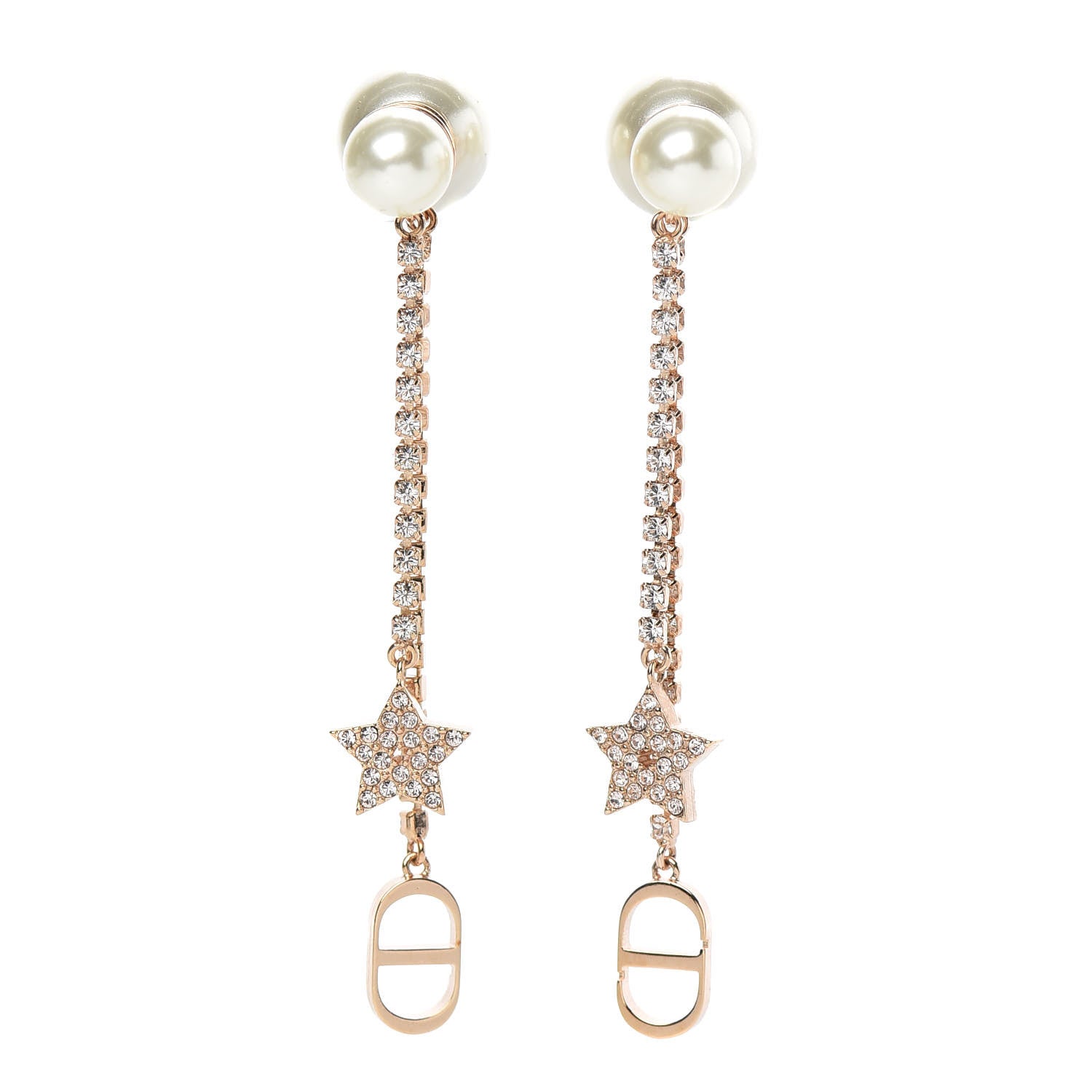 Christian Dior Pearl Crystal Star Tribale Dangle Chain Earrings Rose Gold 1 of 4