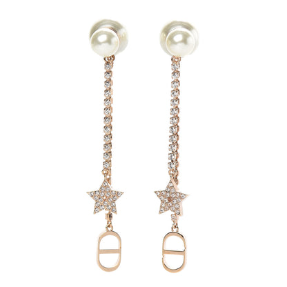 Christian Dior Pearl Crystal Star Tribale Dangle Chain Earrings Rose Gold 1 of 4